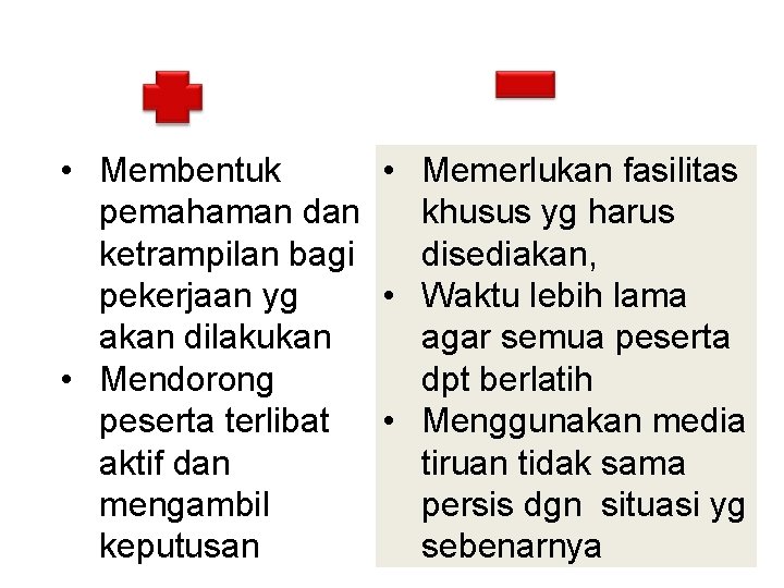  • Membentuk • Memerlukan fasilitas pemahaman dan khusus yg harus ketrampilan bagi disediakan,