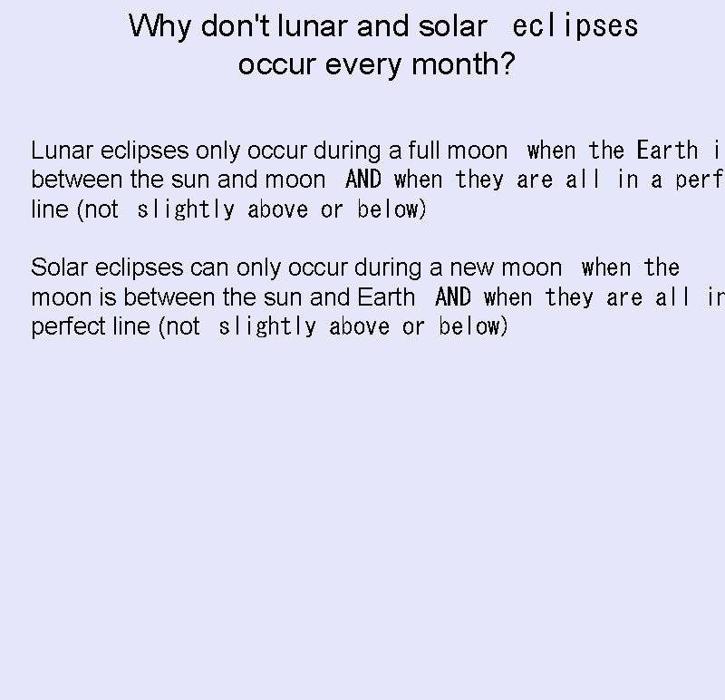 Why don't lunar and solar  eclipses occur every month? Lunar eclipses only occur during