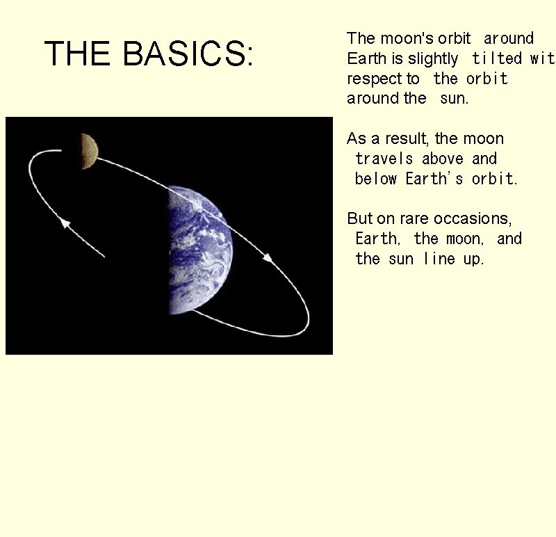 THE BASICS: The moon's orbit  around Earth is slightly  tilted with respect to  the