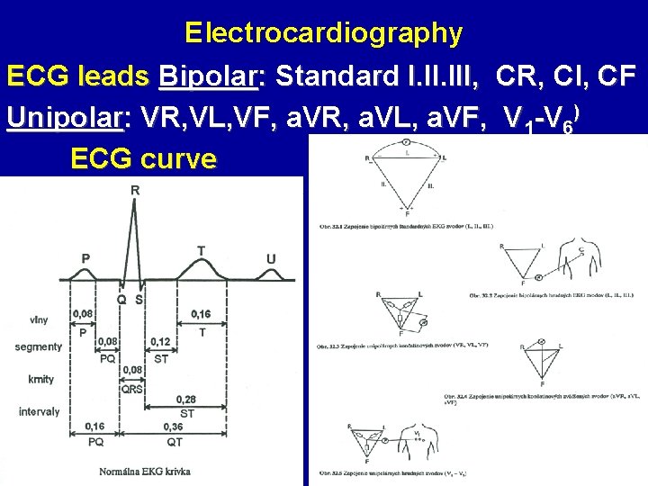 Electrocardiography ECG leads Bipolar: Standard I. III, CR, Cl, CF Unipolar: VR, VL, VF,