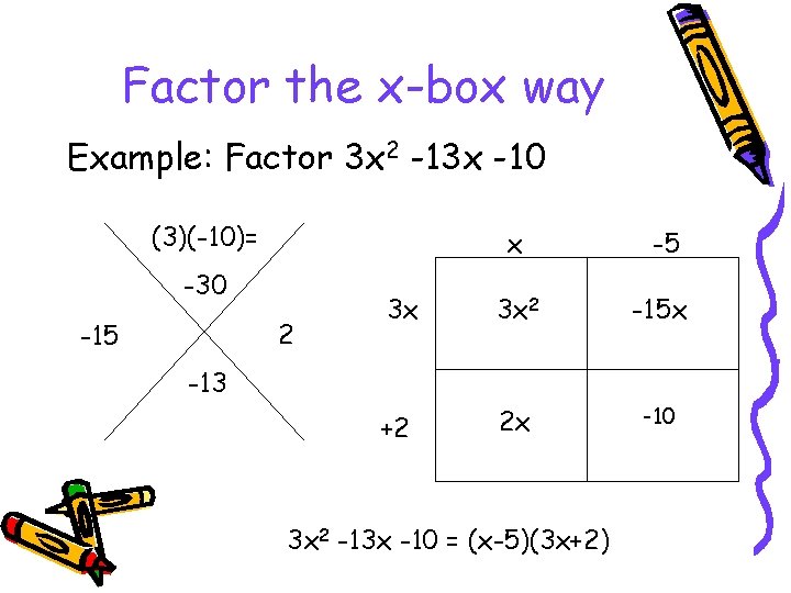Factor the x-box way Example: Factor 3 x 2 -13 x -10 (3)(-10)= -30