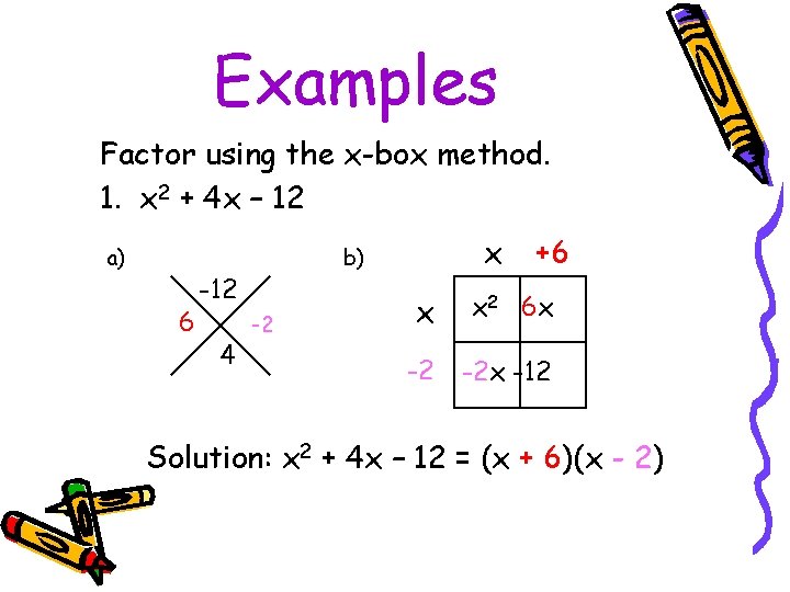 Examples Factor using the x-box method. 1. x 2 + 4 x – 12