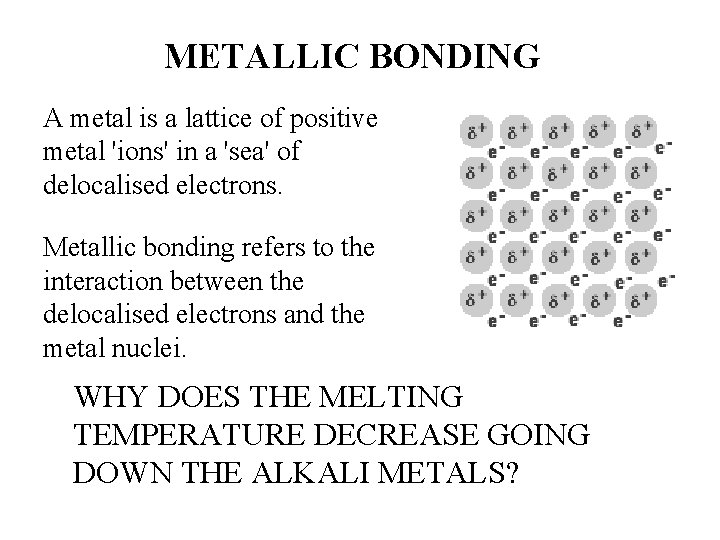 METALLIC BONDING A metal is a lattice of positive metal 'ions' in a 'sea'
