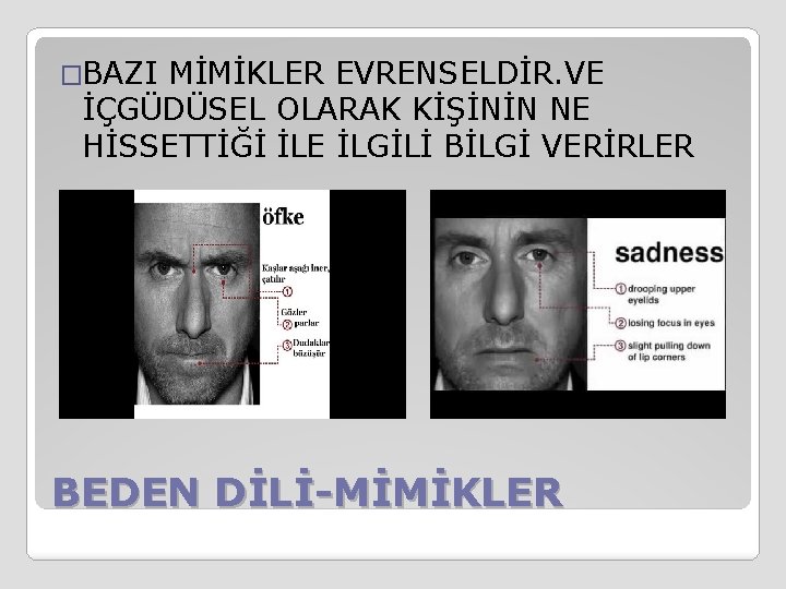 �BAZI MİMİKLER EVRENSELDİR. VE İÇGÜDÜSEL OLARAK KİŞİNİN NE HİSSETTİĞİ İLE İLGİLİ BİLGİ VERİRLER BEDEN