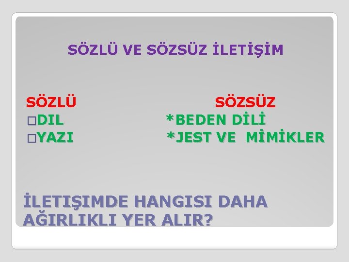 SÖZLÜ VE SÖZSÜZ İLETİŞİM SÖZLÜ �DIL �YAZI SÖZSÜZ *BEDEN DİLİ *JEST VE MİMİKLER İLETIŞIMDE