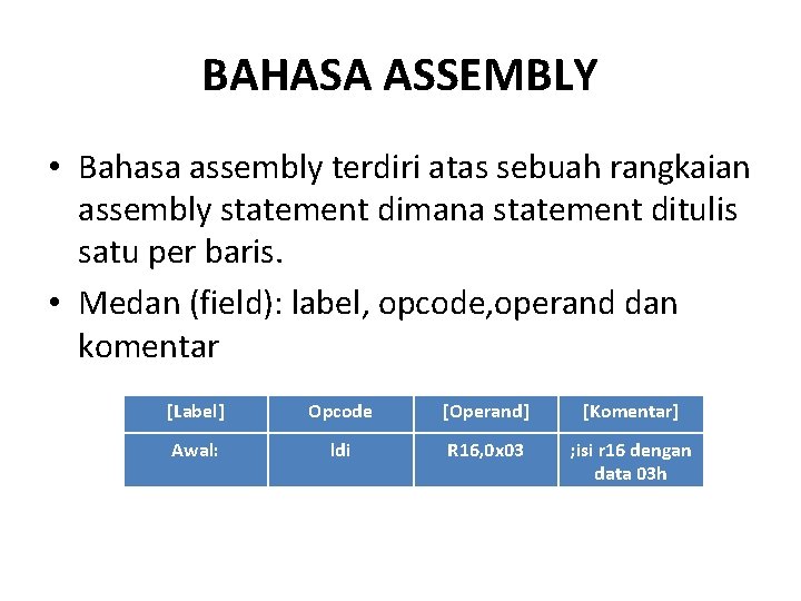BAHASA ASSEMBLY • Bahasa assembly terdiri atas sebuah rangkaian assembly statement dimana statement ditulis