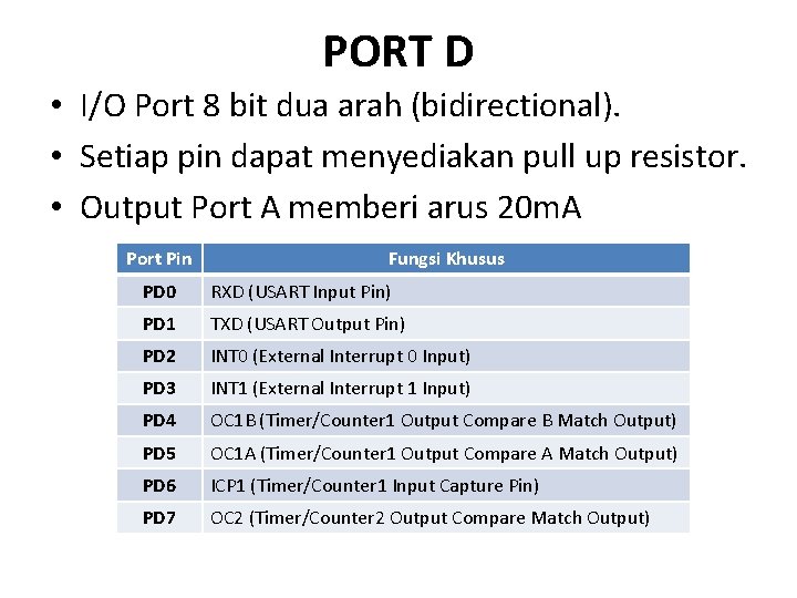 PORT D • I/O Port 8 bit dua arah (bidirectional). • Setiap pin dapat