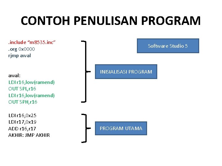 CONTOH PENULISAN PROGRAM. include “m 8535. inc”. org 0 x 0000 rjmp awal: LDI