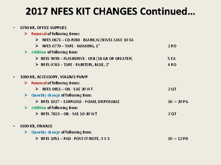 2017 NFES KIT CHANGES Continued… • • • 0760 Kit, OFFICE SUPPLIES Ø Removal