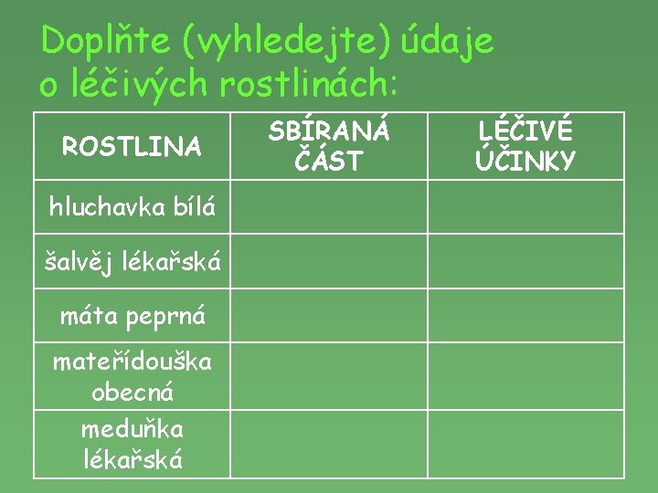 Doplňte (vyhledejte) údaje o léčivých rostlinách: ROSTLINA hluchavka bílá šalvěj lékařská máta peprná mateřídouška