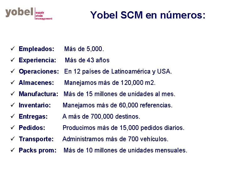 Yobel SCM en números: ü Empleados: Más de 5, 000. ü Experiencia: Más de