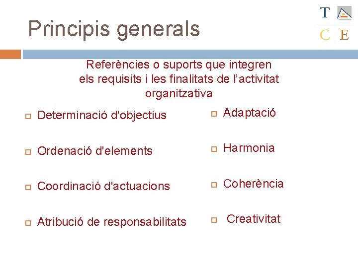 Principis generals Referències o suports que integren els requisits i les finalitats de l’activitat