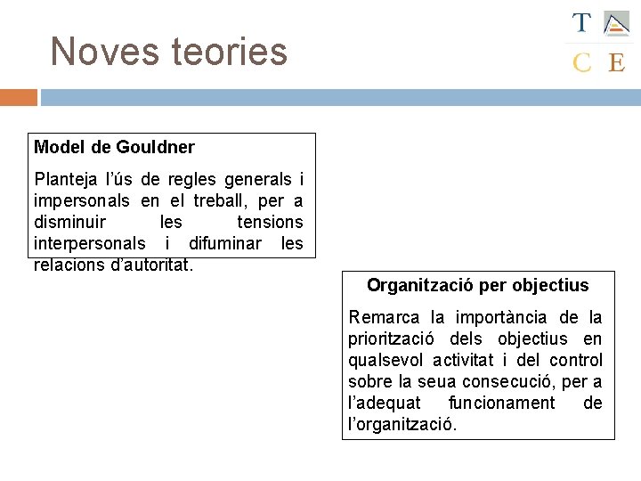 Noves teories Model de Gouldner Planteja l’ús de regles generals i impersonals en el