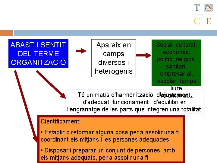 ABAST I SENTIT DEL TERME ORGANITZACIÓ Apareix en camps diversos i heterogenis Social, cultural,