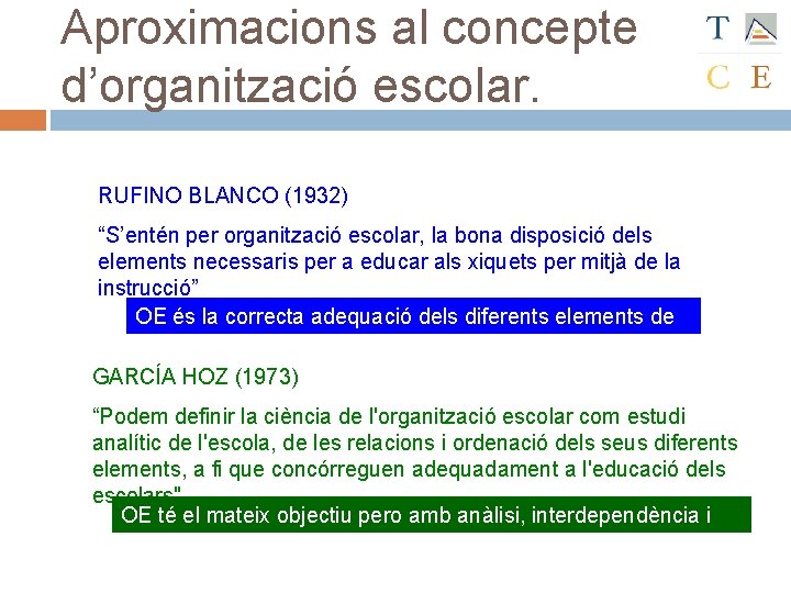 Aproximacions al concepte d’organització escolar. RUFINO BLANCO (1932) “S’entén per organització escolar, la bona