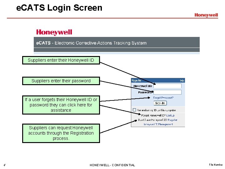 e. CATS Login Screen Suppliers enter their Honeywell ID Suppliers enter their password If