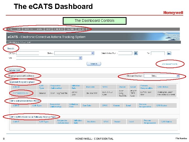 The e. CATS Dashboard The Dashboard Controls 8 HONEYWELL - CONFIDENTIAL File Number 