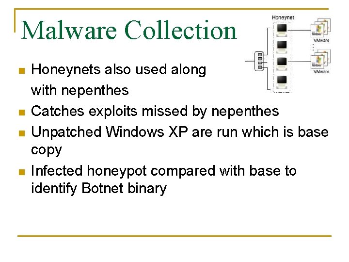 Malware Collection n n Honeynets also used along with nepenthes Catches exploits missed by