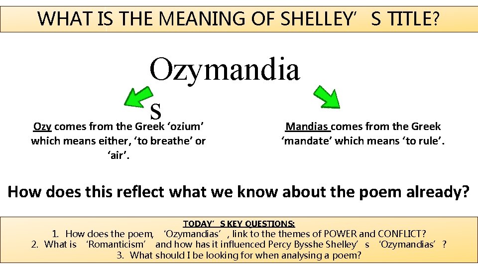 WHAT IS THE MEANING OF SHELLEY’S TITLE? Ozymandia s Ozy comes from the Greek