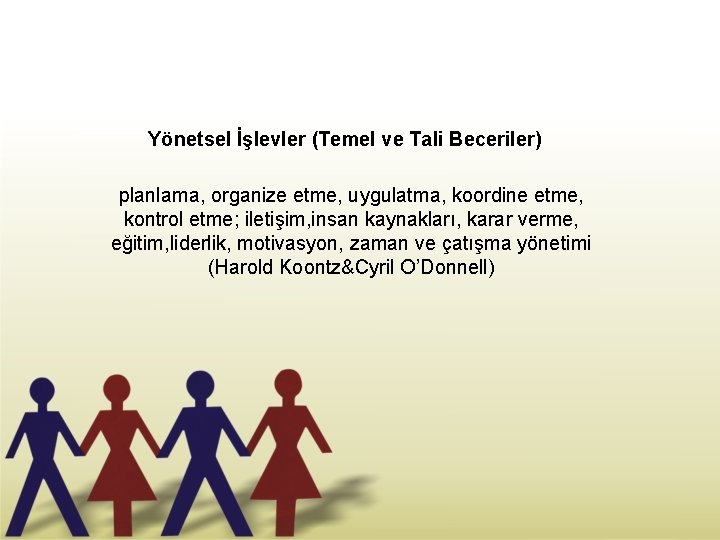 Yönetsel İşlevler (Temel ve Tali Beceriler) planlama, organize etme, uygulatma, koordine etme, kontrol etme;