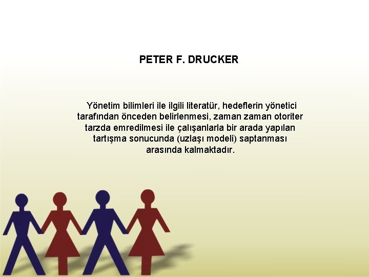PETER F. DRUCKER Yönetim bilimleri ile ilgili literatür, hedeflerin yönetici tarafından önceden belirlenmesi, zaman