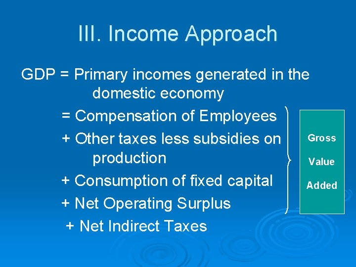 III. Income Approach GDP = Primary incomes generated in the domestic economy = Compensation