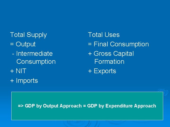 Total Supply = Output - Intermediate Consumption + NIT + Imports Total Uses =