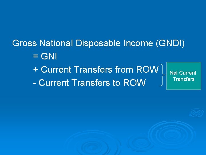 Gross National Disposable Income (GNDI) = GNI + Current Transfers from ROW Net Current