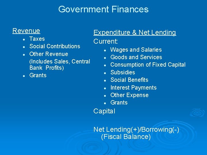 Government Finances Revenue l l Taxes Social Contributions Other Revenue (Includes Sales, Central Bank
