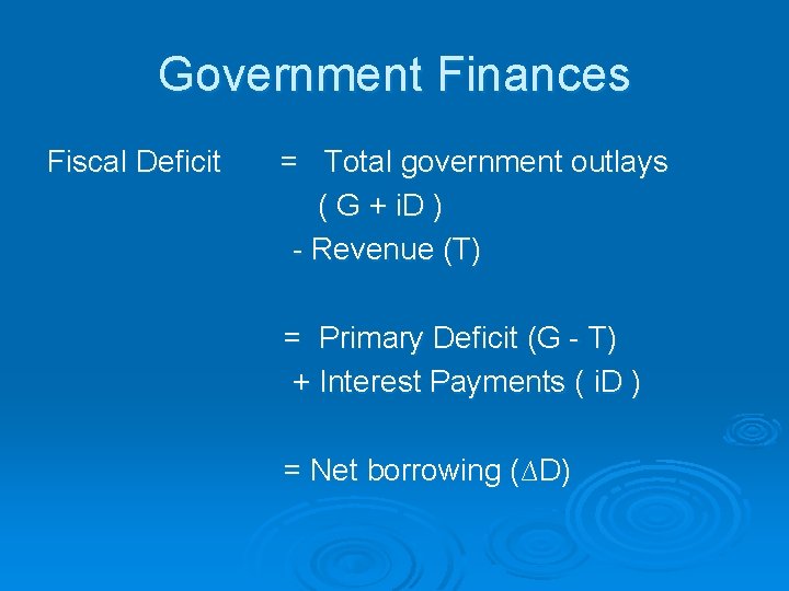 Government Finances Fiscal Deficit = Total government outlays ( G + i. D )