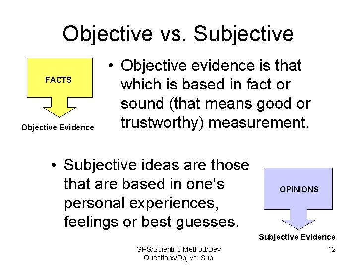 Objective vs. Subjective FACTS Objective Evidence • Objective evidence is that which is based