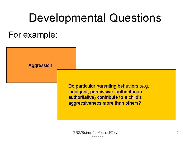 Developmental Questions For example: Aggression Do particular parenting behaviors (e. g. , indulgent, permissive,