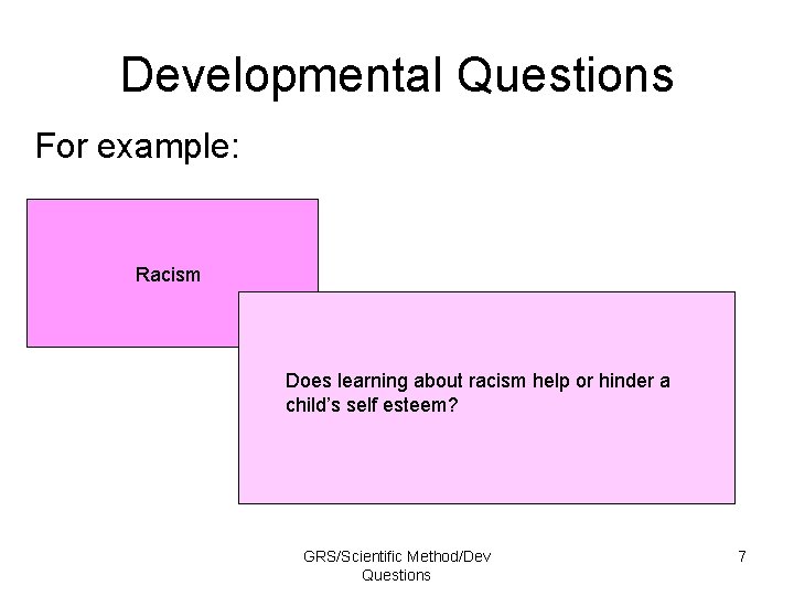 Developmental Questions For example: Racism Does learning about racism help or hinder a child’s