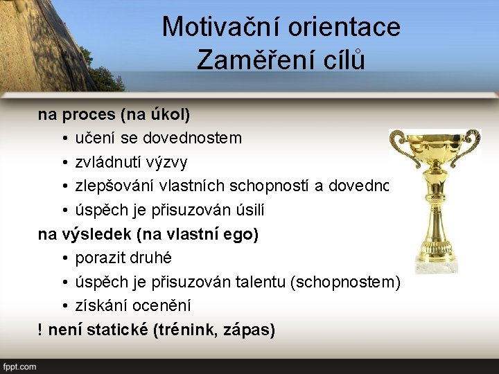 Motivační orientace Zaměření cílů na proces (na úkol) • učení se dovednostem • zvládnutí