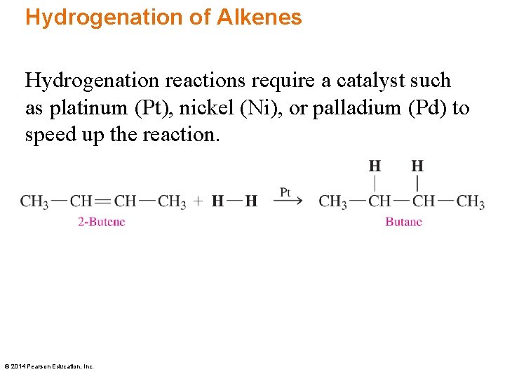 Hydrogenation of Alkenes Hydrogenation reactions require a catalyst such as platinum (Pt), nickel (Ni),