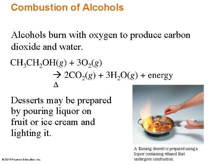 Combustion of Alcohols burn with oxygen to produce carbon dioxide and water. Desserts may