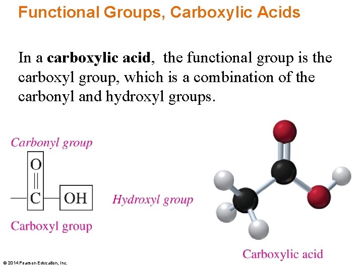 Functional Groups, Carboxylic Acids In a carboxylic acid, the functional group is the carboxyl