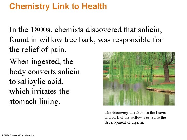 Chemistry Link to Health In the 1800 s, chemists discovered that salicin, found in