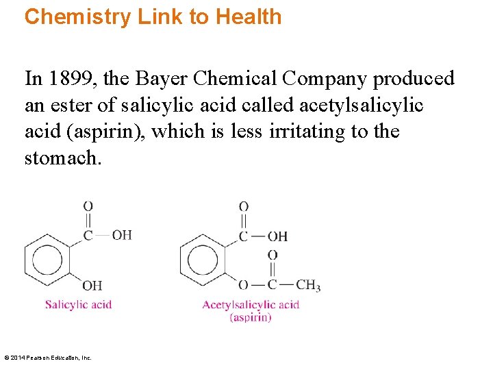 Chemistry Link to Health In 1899, the Bayer Chemical Company produced an ester of