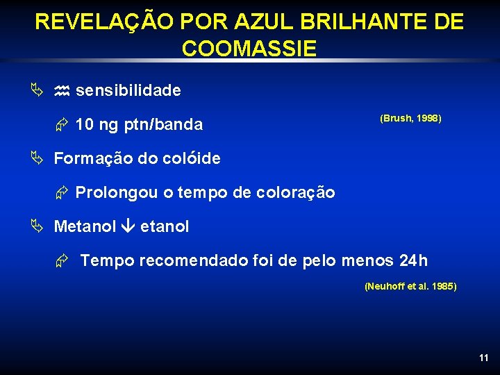 REVELAÇÃO POR AZUL BRILHANTE DE COOMASSIE Ä sensibilidade Æ 10 ng ptn/banda (Brush, 1998)