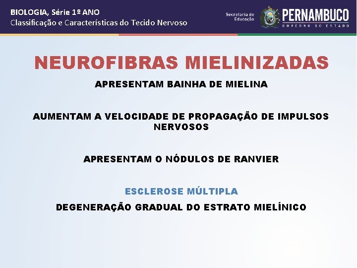 BIOLOGIA, Série 1º ANO Classificação e Características do Tecido Nervoso NEUROFIBRAS MIELINIZADAS APRESENTAM BAINHA