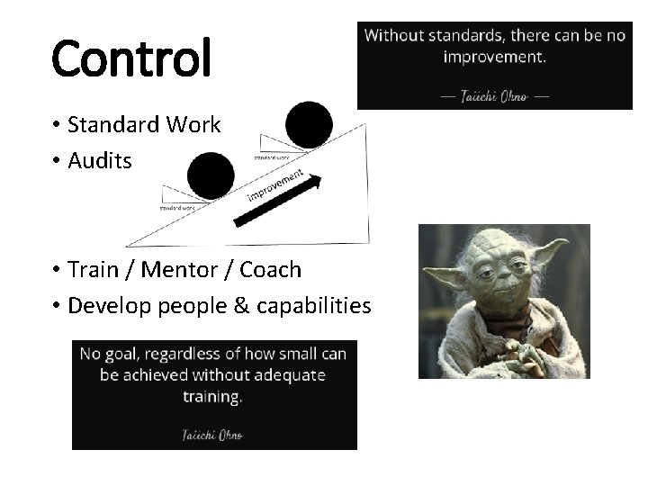 Control • Standard Work • Audits • Train / Mentor / Coach • Develop