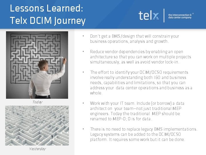 Lessons Learned: Telx DCIM Journey Today Yesterday • Don’t get a BMS/design that will