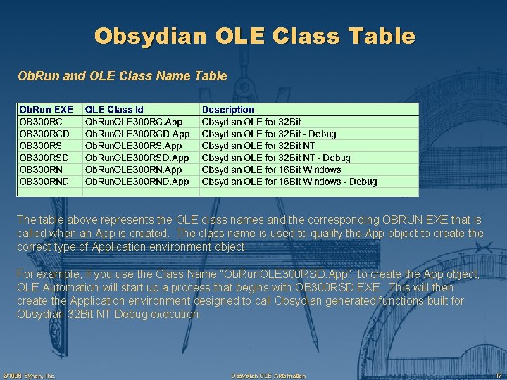 Obsydian OLE Class Table Ob. Run and OLE Class Name Table The table above