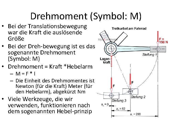 Drehmoment (Symbol: M) • Bei der Translationsbewegung war die Kraft die auslösende Größe •