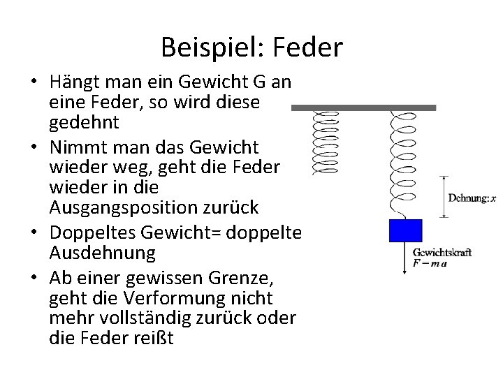 Beispiel: Feder • Hängt man ein Gewicht G an eine Feder, so wird diese