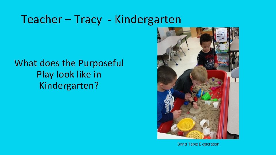 Teacher – Tracy - Kindergarten What does the Purposeful Play look like in Kindergarten?