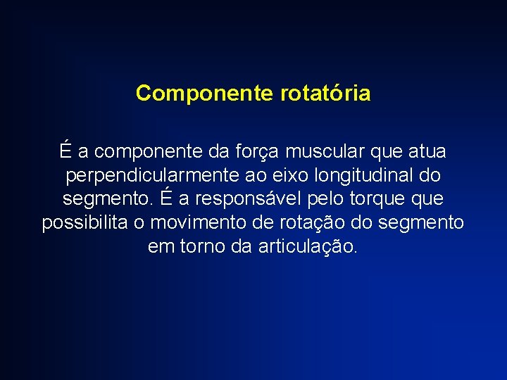 Componente rotatória É a componente da força muscular que atua perpendicularmente ao eixo longitudinal