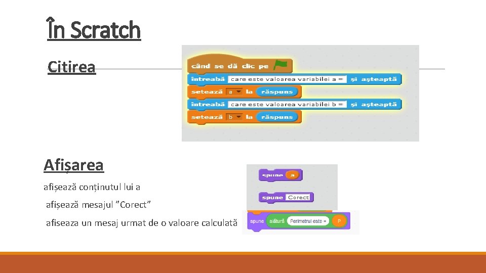 În Scratch Citirea Afișarea afișează conținutul lui a afișează mesajul ”Corect” afiseaza un mesaj