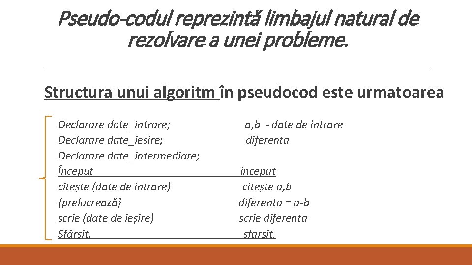 Pseudo-codul reprezintă limbajul natural de rezolvare a unei probleme. Structura unui algoritm în pseudocod